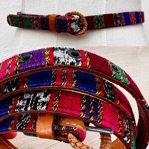 Southwestern Colorful Tapestry & Leather Belt Narrow Colorful Woven Size 42/XL